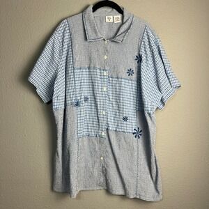 Quizz Woman Gingham Pucker Gauze Textured‎ Button Up Short SL Top Blue Size 22